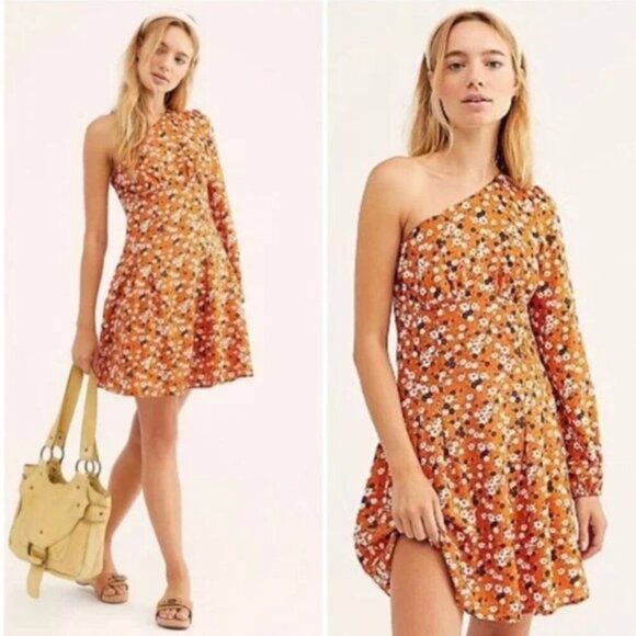 Free People Jules Orange Blue Floral One Shoulder Mini Dress, size 2 - Picture 2 of 10